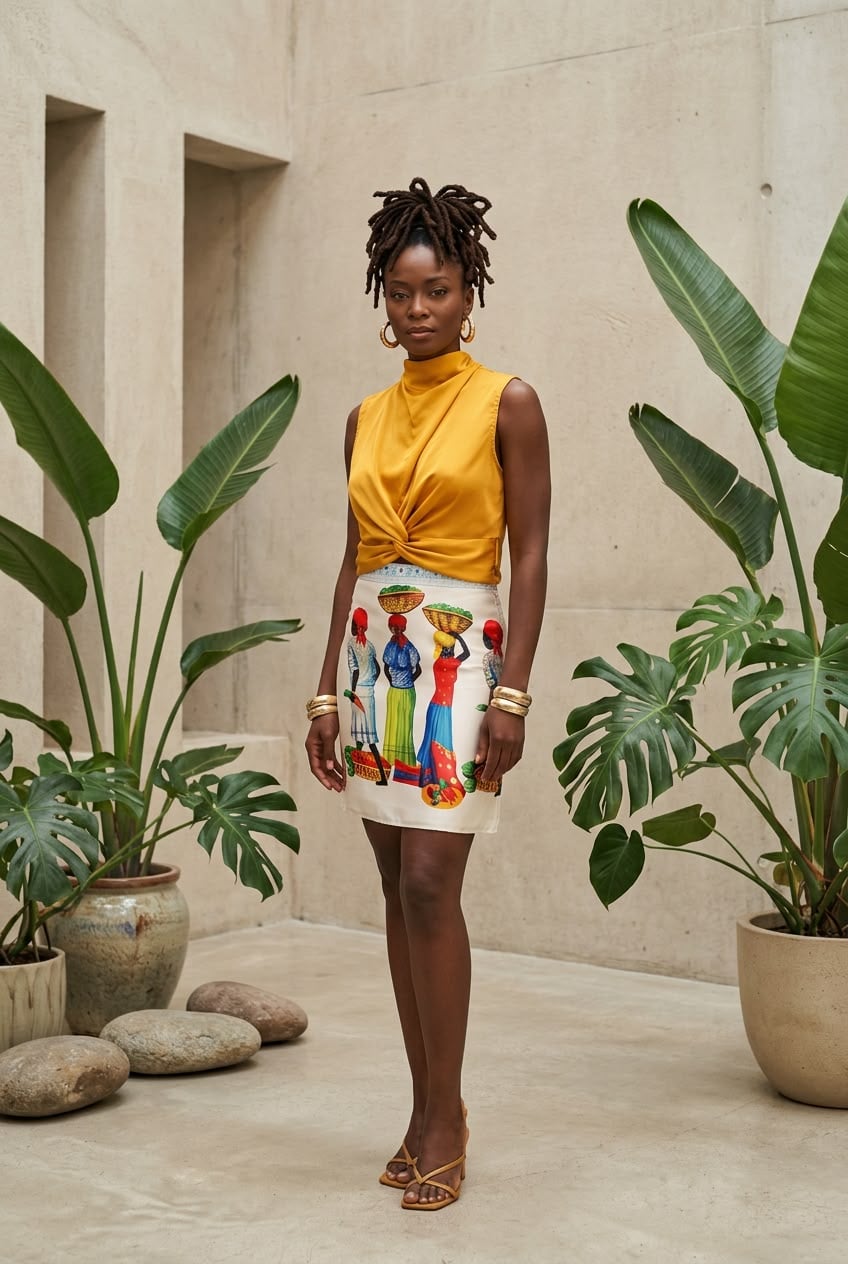 La falda Frutera con una blusa amarilla anudada, en un patio.